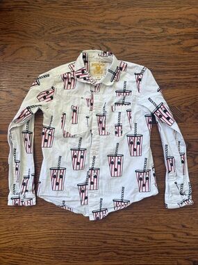 HUGO loves TIKI White Graphic Surprised Soda Novelty Print Button-up Shirt Sz 6
